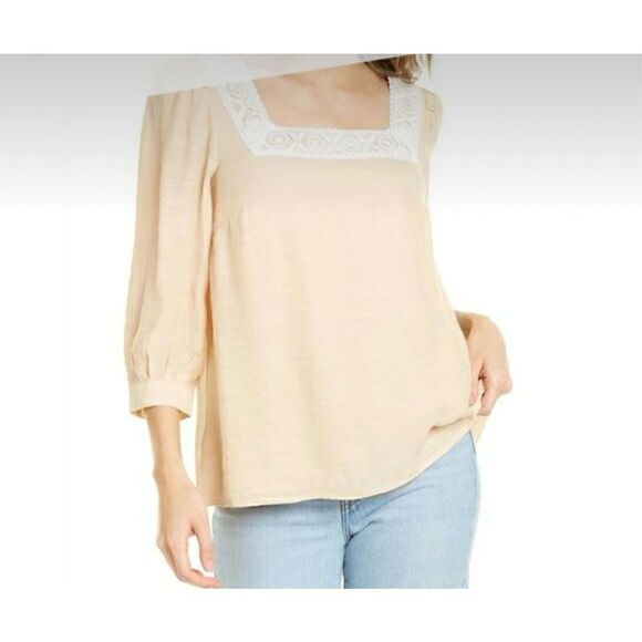 Nanette Lepore  Light Stone women’s blouse Size Medium lace trim lightweight - Picture 1 of 8